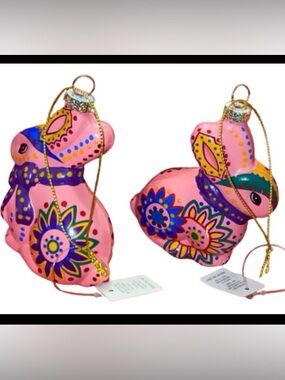 Easter Christmas Dillard's Pink Rabbit Set of 2 Ornaments Mexican Art Design